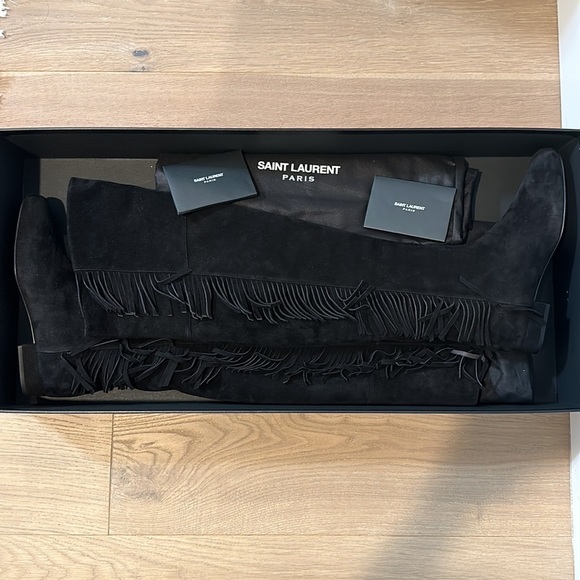 BNIB Saint Laurent (YSL) Suede Over The Knee Fringed Boots 35/5 Black - Picture 5 of 7
